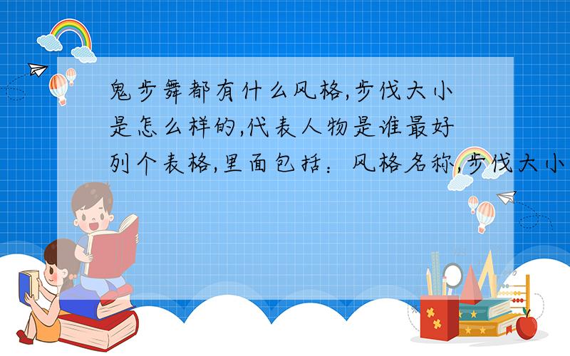 鬼步舞都有什么风格,步伐大小是怎么样的,代表人物是谁最好列个表格,里面包括：风格名称,步伐大小,评价,代表人物.越全越好,（如：BASS,中步,悠闲,面具男.好吧我知道是错的,我的意思就是