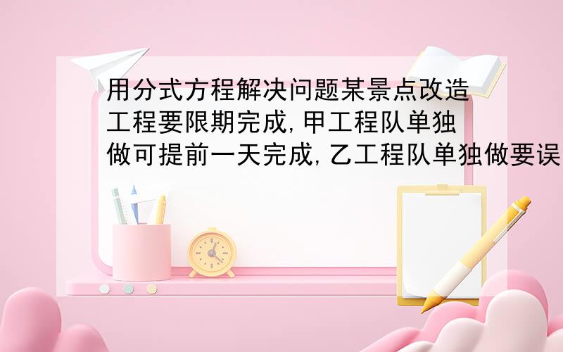 用分式方程解决问题某景点改造工程要限期完成,甲工程队单独做可提前一天完成,乙工程队单独做要误期6天,先由两工程队合做4天后,余下的由乙工程队单独做,正好如期完成.求甲,乙工程队单