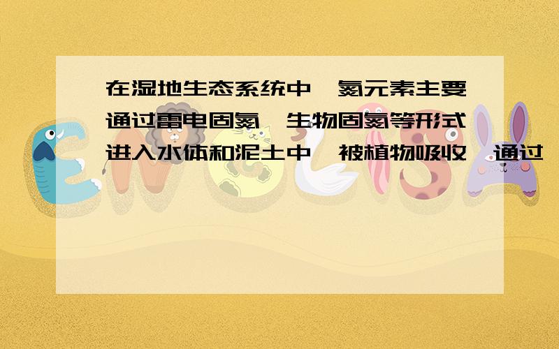 在湿地生态系统中,氮元素主要通过雷电固氮,生物固氮等形式进入水体和泥土中,被植物吸收,通过一系列生理过程制造出 (选填