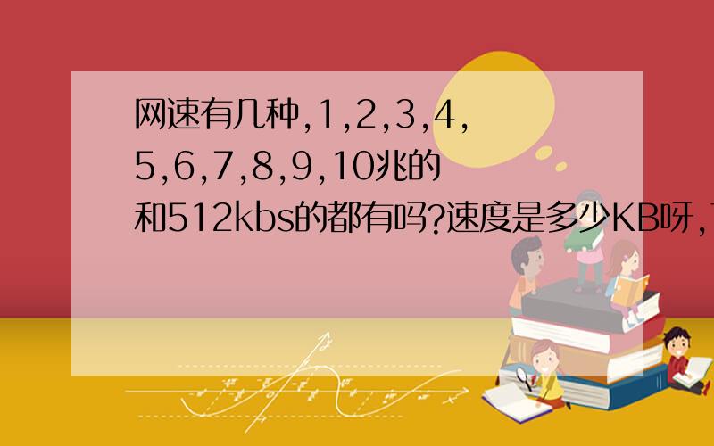 网速有几种,1,2,3,4,5,6,7,8,9,10兆的和512kbs的都有吗?速度是多少KB呀,下面的第一个人回答的“下载速度最高为网速的八分之一”其中的“网速”是多少呀?