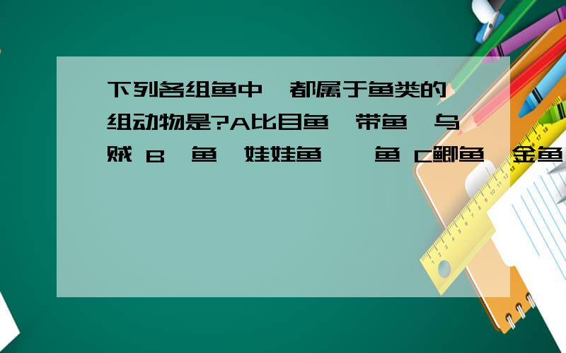 下列各组鱼中,都属于鱼类的一组动物是?A比目鱼、带鱼、乌贼 B鲳鱼、娃娃鱼、鳙鱼 C鲫鱼、金鱼、草鱼 D 鳙鱼 鳄鱼、青鱼选哪一个?希望给出准确答案!