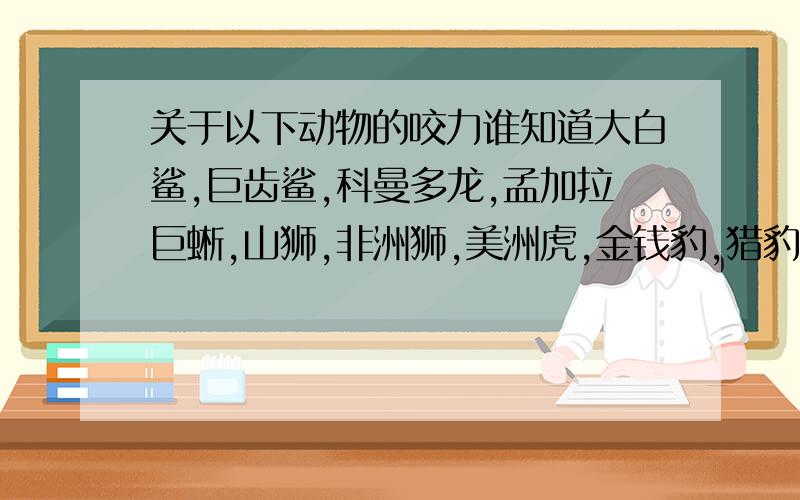 关于以下动物的咬力谁知道大白鲨,巨齿鲨,科曼多龙,孟加拉巨蜥,山狮,非洲狮,美洲虎,金钱豹,猎豹,河马,森蚺,巨蟒,鬣狗,尼罗鳄,短吻鳄,黑熊的咬力,按从小到大排列,知道多少说多少