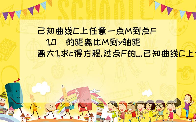 已知曲线C上任意一点M到点F(1,0)的距离比M到y轴距离大1,求c得方程.过点F的...已知曲线C上任意一点M到点F(1,0)的距离比M到y轴距离大1,求c得方程.过点F的弦AB的长度为8,求直线AB的方程