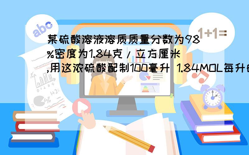 某硫酸溶液溶质质量分数为98%密度为1.84克/立方厘米,用这浓硫酸配制100毫升 1.84MOL每升的稀硫酸C(H2SO4)为多少?需要浓硫酸体积为?