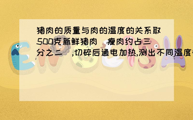 猪肉的质量与肉的温度的关系取500克新鲜猪肉（瘦肉约占三分之二）,切碎后通电加热,测出不同温度时肉的质量,你能得出什么结论?