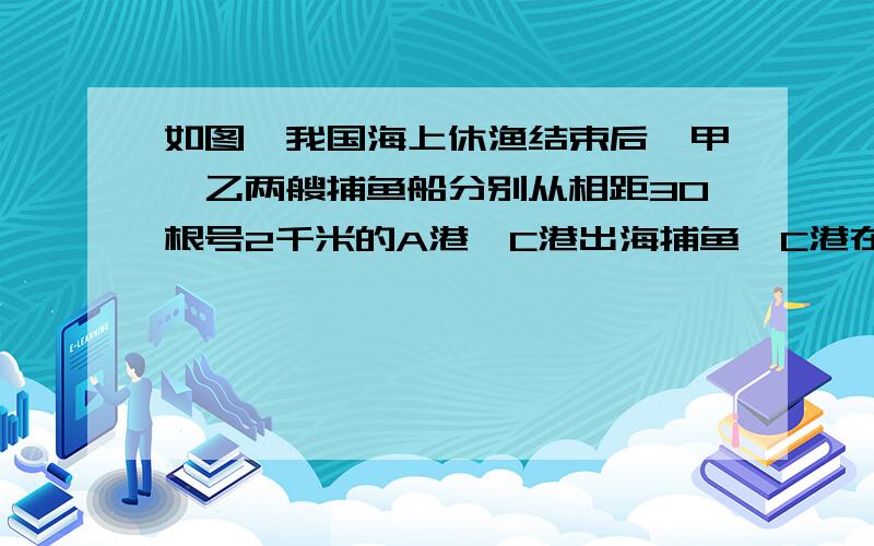 如图,我国海上休渔结束后,甲、乙两艘捕鱼船分别从相距30根号2千米的A港、C港出海捕鱼,C港在A港北偏西60°处,甲船以每小时15千米的速度延东北方向航行,甲船航行2小时后乙船快速（匀速）延