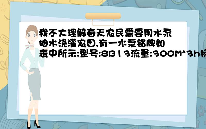 我不大理解春天农民需要用水泵抽水浇灌农田,有一水泵铭牌如表中所示:型号:8B13流量:300M^3h扬程:12M质量:111kg效率80%(1)水泵正常工作5h,所做的有用功为多少J?(2)此水泵总功率为多少?(3)若此水泵