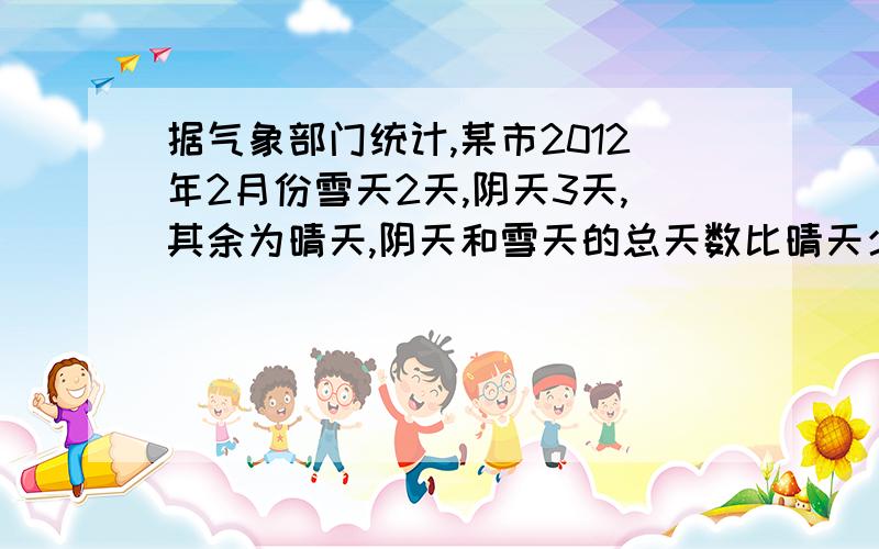 据气象部门统计,某市2012年2月份雪天2天,阴天3天,其余为晴天,阴天和雪天的总天数比晴天少（ ）%