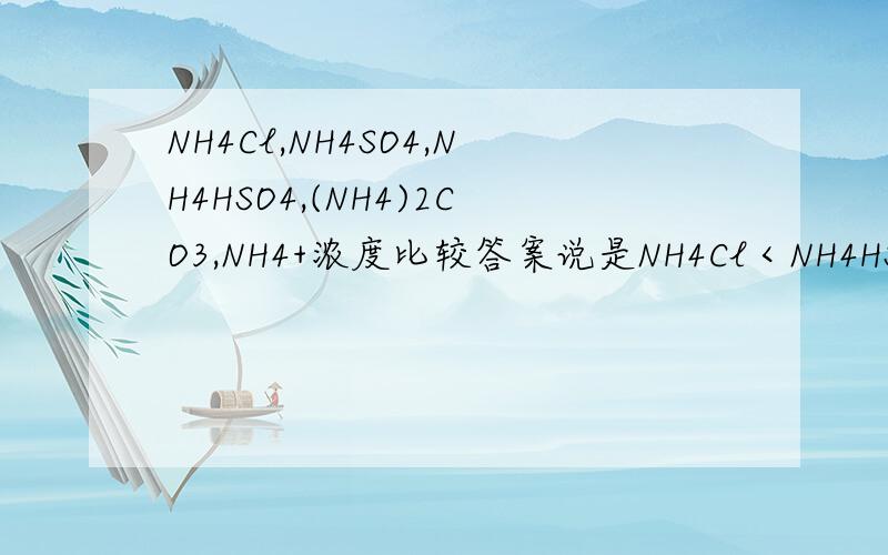 NH4Cl,NH4SO4,NH4HSO4,(NH4)2CO3,NH4+浓度比较答案说是NH4Cl＜NH4HSO4＜（NH4)2CO3＜（NH4）2SO4我认为(NH4)2CO3的NH4+浓度不是应该最小吗?因为我觉得(NH4)2CO3会发生双水解.