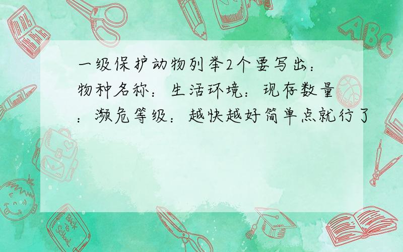 一级保护动物列举2个要写出：物种名称：生活环境：现存数量：濒危等级：越快越好简单点就行了