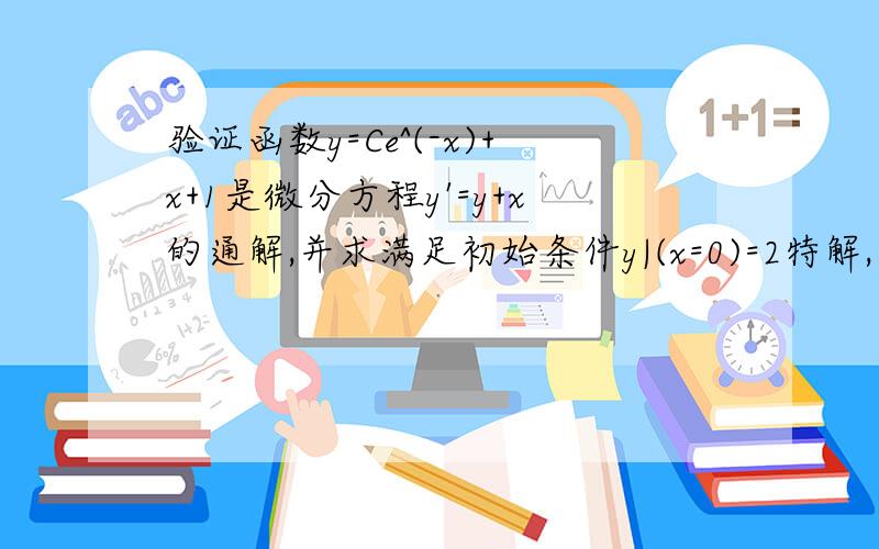 验证函数y=Ce^(-x)+x+1是微分方程y'=y+x的通解,并求满足初始条件y|(x=0)=2特解,