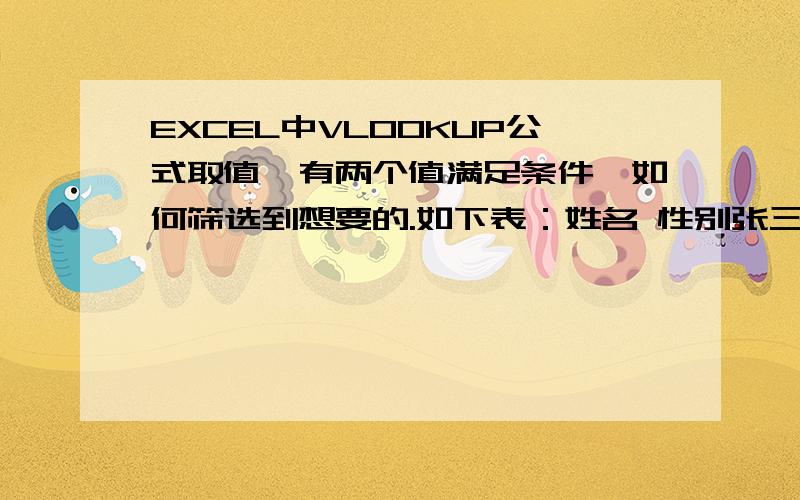 EXCEL中VLOOKUP公式取值,有两个值满足条件,如何筛选到想要的.如下表：姓名 性别张三 0张三 1用VLOOKUP取值,同时两个条件只能取到第一个,我想性别列有0有1的话都取1.该如何用公式.