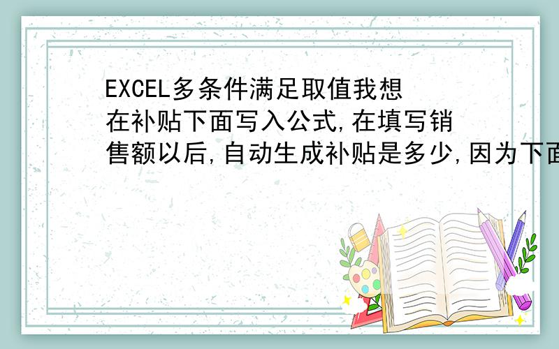 EXCEL多条件满足取值我想在补贴下面写入公式,在填写销售额以后,自动生成补贴是多少,因为下面还有很多销售级别,用IF和AND结合的话公式要写很长,请问有没有更加简单的公式?谢谢!