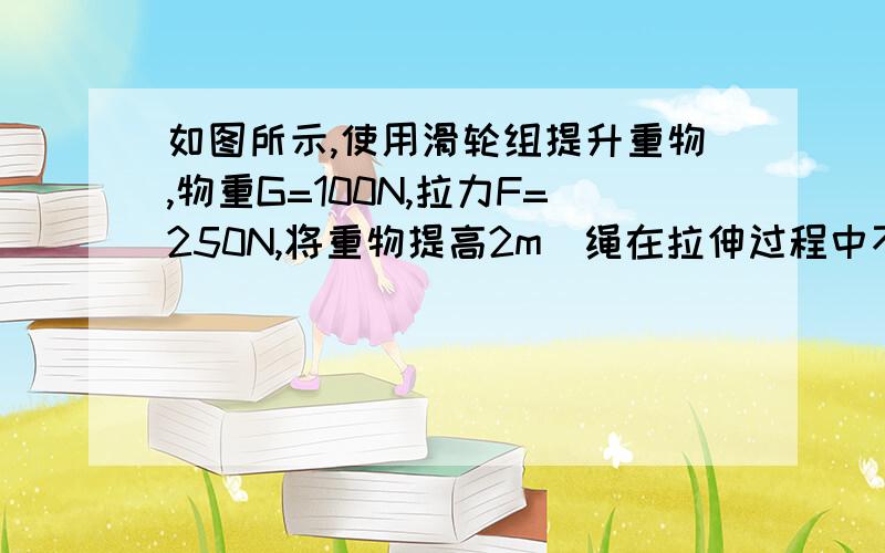 如图所示,使用滑轮组提升重物,物重G=100N,拉力F=250N,将重物提高2m（绳在拉伸过程中不伸长）1、求有用功、总功、机械效率2、若绳子自由端提升的速度为0.5m/s,在5s内重物升高多少米?