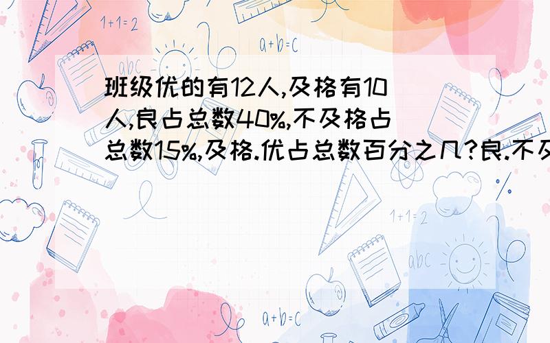 班级优的有12人,及格有10人,良占总数40%,不及格占总数15%,及格.优占总数百分之几?良.不及格的有几人