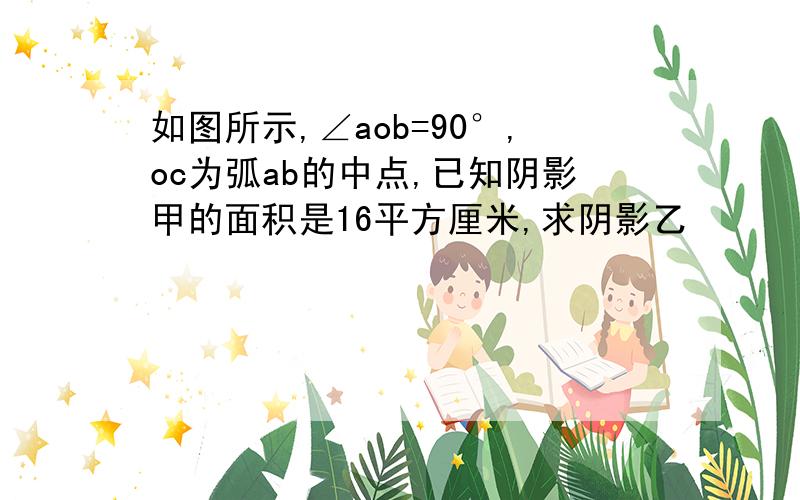 如图所示,∠aob=90°,oc为弧ab的中点,已知阴影甲的面积是16平方厘米,求阴影乙