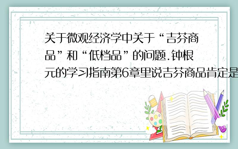 关于微观经济学中关于“吉芬商品”和“低档品”的问题.钟根元的学习指南第6章里说吉芬商品肯定是抵挡商品,但抵挡商品并不一定是吉芬商品.前面一句话我这样理解：吉芬商品的价格降低