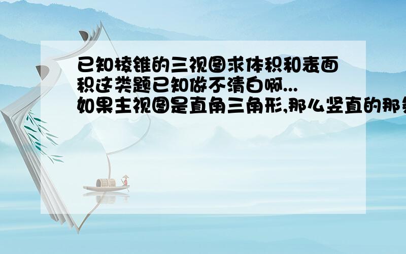 已知棱锥的三视图求体积和表面积这类题已知做不清白啊...如果主视图是直角三角形,那么竖直的那条直角边是不是就是锥体的高啊?什么情况下看得出锥体有一个面试垂直于底面的啊?是看俯