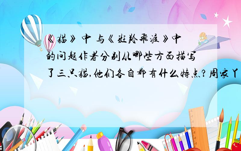 《猫》 中 与《斑羚飞渡》中的问题作者分别从哪些方面描写了三只猫,他们各自都有什么特点?周家丫头代表哪一类人?对此我持什么态度?不知名的夺小猫的人代表哪一类人?对此我持什么态度