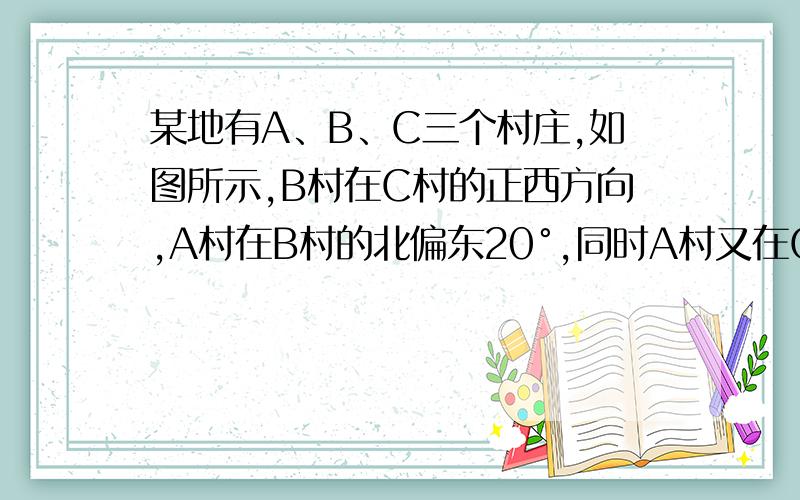 某地有A、B、C三个村庄,如图所示,B村在C村的正西方向,A村在B村的北偏东20°,同时A村又在C村的北偏南45°方向,那么站在A村看B、C两个村,视角是多大.