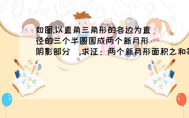 如图,以直角三角形的各边为直径的三个半圆围成两个新月形（阴影部分）,求证：两个新月形面积之和等于直角三角形的面积