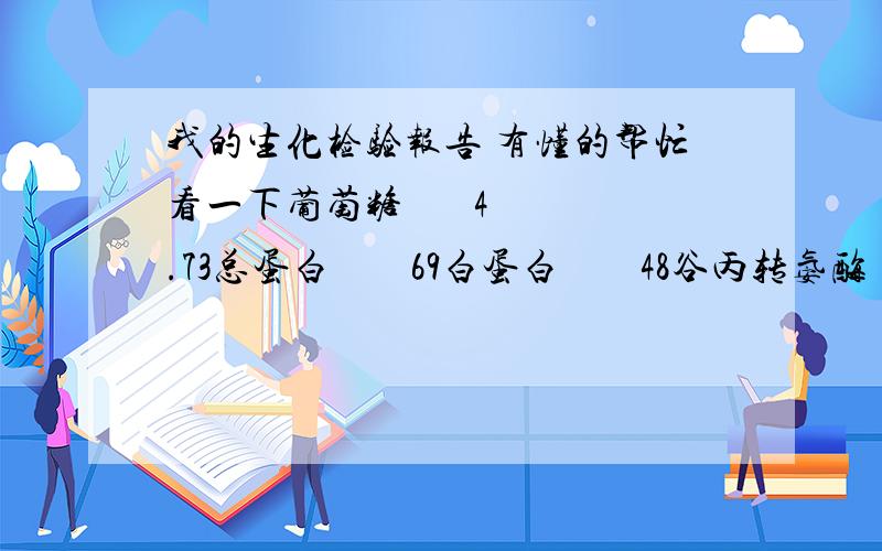 我的生化检验报告 有懂的帮忙看一下葡萄糖       4.73总蛋白        69白蛋白        48谷丙转氨酶    15谷草转氨酶    16谷草/谷丙     1.01  好像有些偏低球蛋白        20.5↓白球蛋白比    2.36球蛋白好