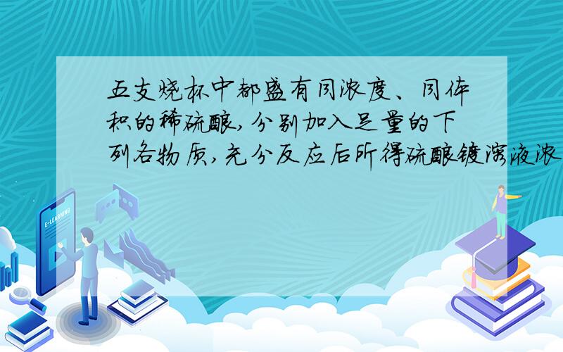 五支烧杯中都盛有同浓度、同体积的稀硫酸,分别加入足量的下列各物质,充分反应后所得硫酸镁溶液浓度相等的是(假设溶液体积不变) ( AC )① 镁粉 ② 氧化镁 ③ 氢氧化镁 ④ 碳酸镁 ⑤ 硫化