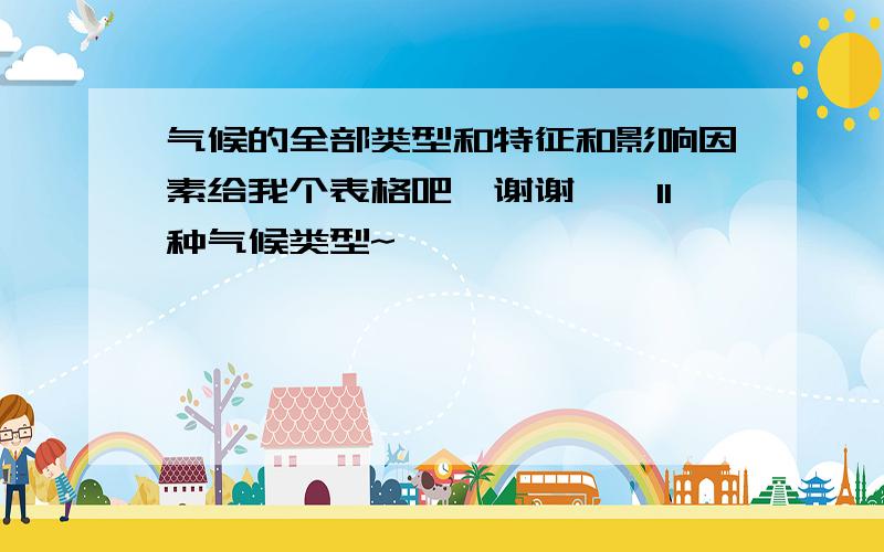 气候的全部类型和特征和影响因素给我个表格吧、谢谢、、11种气候类型~