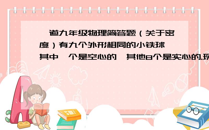 一道九年级物理简答题（关于密度）有九个外形相同的小铁球,其中一个是空心的,其他8个是实心的.现有一架天平（无砝码）,最少只称两次就可以找出空心的铁球.请你简述称量的方法.若已知