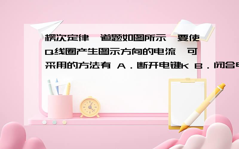 楞次定律一道题如图所示,要使Q线圈产生图示方向的电流,可采用的方法有 A．断开电键K B．闭合电键K后,把R的滑动方向右移C．闭合电键K后,把P中的铁心从左边抽出D．闭合电键K后,把Q靠近P