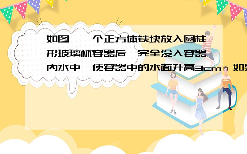 如图,一个正方体铁块放入圆柱形玻璃杯容器后,完全没入容器内水中,使容器中的水面升高3cm,如果容器底面半径是10cm,求正方体体积