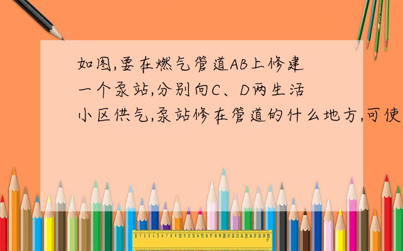 如图,要在燃气管道AB上修建一个泵站,分别向C、D两生活小区供气,泵站修在管道的什么地方,可使所用的输气管线最短.