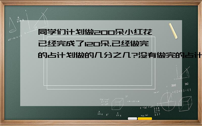 同学们计划做200朵小红花,已经完成了120朵.已经做完的占计划做的几分之几?没有做完的占计划的几分之几?