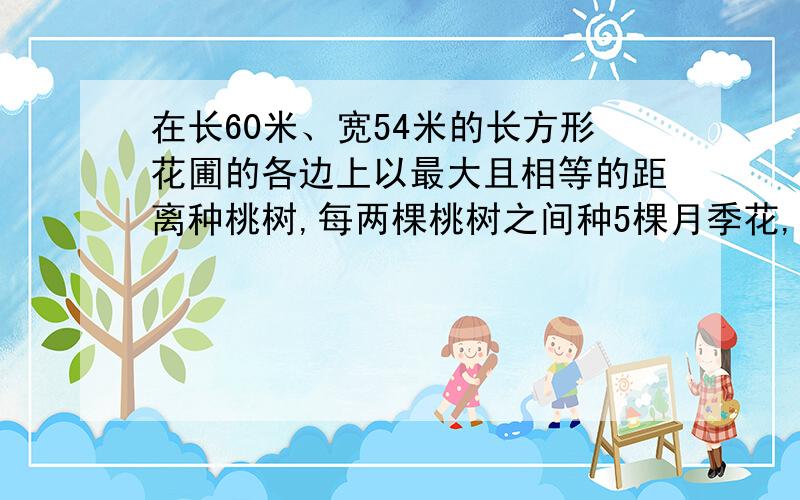 在长60米、宽54米的长方形花圃的各边上以最大且相等的距离种桃树,每两棵桃树之间种5棵月季花,共种多少棵