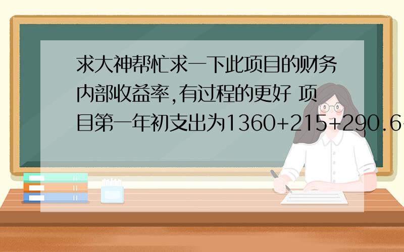 求大神帮忙求一下此项目的财务内部收益率,有过程的更好 项目第一年初支出为1360+215+290.6+1000=2865.6万元,自有资金2153万元+银行贷款1400万元合计3553万元.第二年初支出为2266.4万元,银行借贷为15