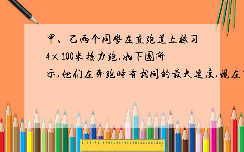 甲、乙两个同学在直跑道上练习4×100米接力跑,如下图所示,他们在奔跑时有相同的最大速度,现在甲持棒以最大乙24m时,乙奔出16m时,甲追上乙开始交接棒,乙的加速运动过程可看作匀变速直线运