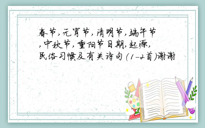 春节,元宵节,清明节,端午节,中秋节,重阳节日期,起源,民俗习惯及有关诗句(1-2首)谢谢