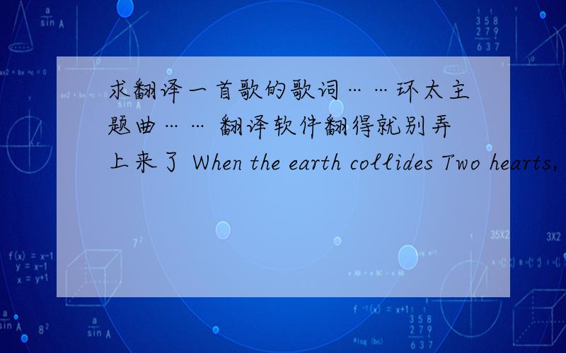 求翻译一首歌的歌词……环太主题曲…… 翻译软件翻得就别弄上来了 When the earth collides Two hearts, two souls, one mind. One love of human kind. In heaven's name. No time for fear or blame. Inside we are the same. We feel