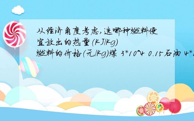 从经济角度考虑,选哪种燃料便宜放出的热量（KJ/Kg） 燃料的价格（元/Kg）煤 3*10^4 0.15石油 4*10^4 0.65天然气 7.5*10^4 3.00氢气 1.4*10^5 200