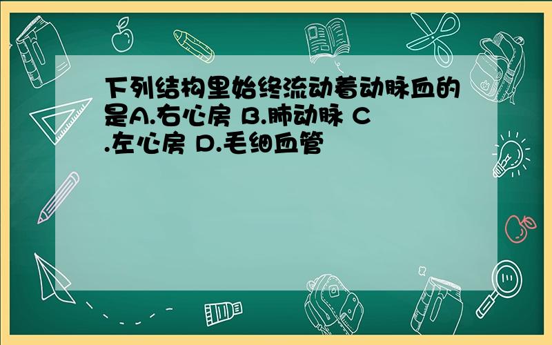 下列结构里始终流动着动脉血的是A.右心房 B.肺动脉 C.左心房 D.毛细血管