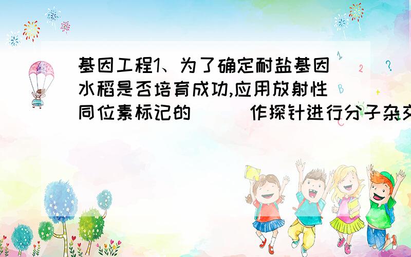 基因工程1、为了确定耐盐基因水稻是否培育成功,应用放射性同位素标记的（  ）作探针进行分子杂交检测?答案是耐盐基因,为什么?检测重组载体是否导入及检测目的基因的表达一般用什么方