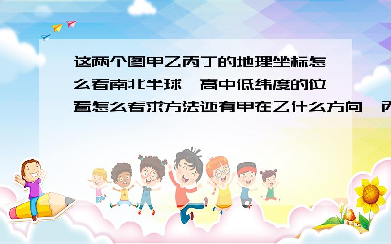 这两个图甲乙丙丁的地理坐标怎么看南北半球,高中低纬度的位置怎么看求方法还有甲在乙什么方向,丙在乙什么方向,丁在乙什么方向