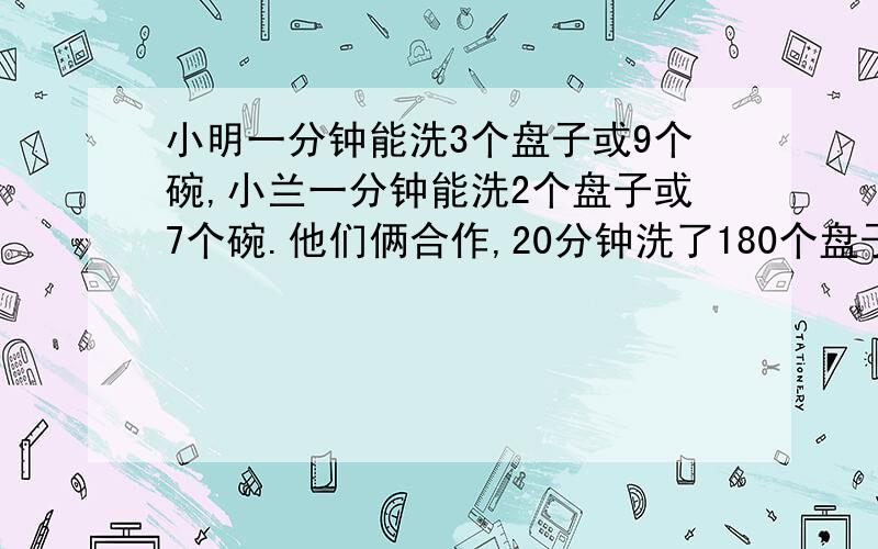 小明一分钟能洗3个盘子或9个碗,小兰一分钟能洗2个盘子或7个碗.他们俩合作,20分钟洗了180个盘子和140个碗.有（ ）个盘子,（ ）个碗