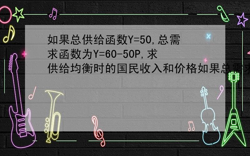 如果总供给函数Y=50,总需求函数为Y=60-50P,求供给均衡时的国民收入和价格如果总需求上升5%,求新的供求均衡的国民收入和价格