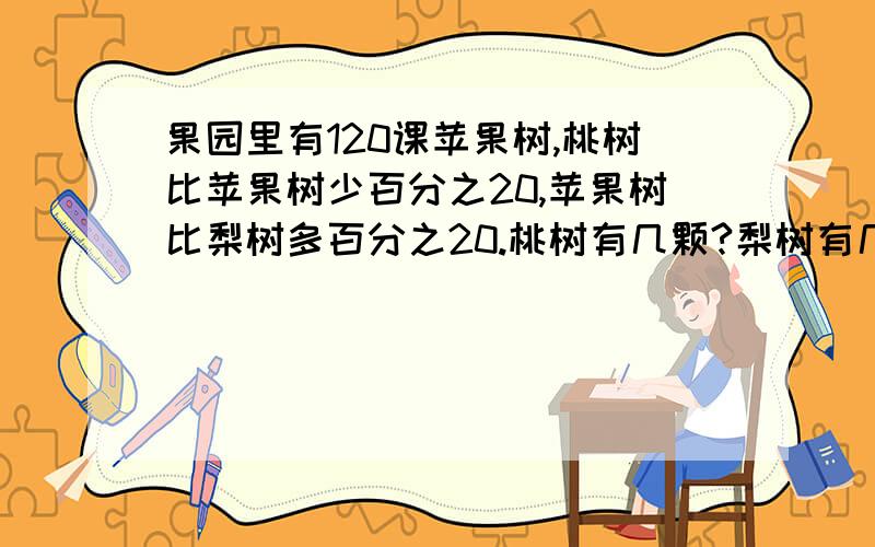 果园里有120课苹果树,桃树比苹果树少百分之20,苹果树比梨树多百分之20.桃树有几颗?梨树有几颗?解一下谢谢!