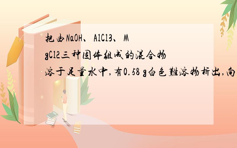 把由NaOH、AlCl3、MgCl2三种固体组成的混合物溶于足量水中,有0.58 g白色难溶物析出,向所得溶液中逐滴加入0.5 mol·L-1的盐酸,加入盐酸的体积和生成沉淀的质量如图所示1、混合物中NaOH、AlCl3、MgCl