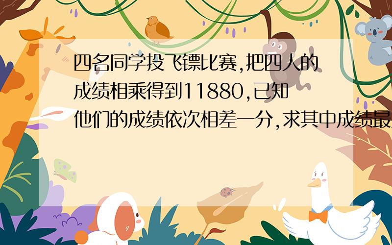 四名同学投飞镖比赛,把四人的成绩相乘得到11880,已知他们的成绩依次相差一分,求其中成绩最好的是几分?