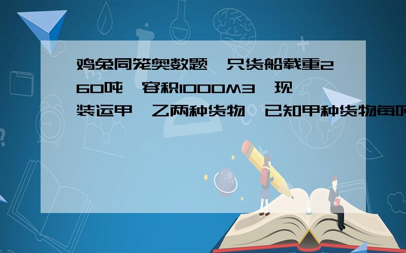 鸡兔同笼奥数题一只货船载重260吨,容积1000M3,现装运甲,乙两种货物,已知甲种货物每吨体积是8M3,乙种货物每吨体积是2M要3要使这只船载重量与容积得到充分利用,甲,乙两种货物应分别装多少吨