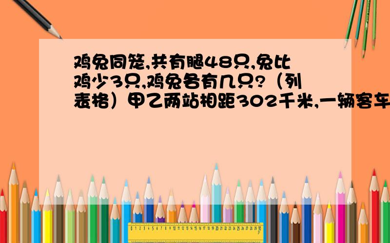 鸡兔同笼,共有腿48只,兔比鸡少3只,鸡兔各有几只?（列表格）甲乙两站相距302千米,一辆客车从甲站开往乙站,每小时行52千米.开出1小时后,一辆货车才从乙站开往甲站,再过2.5小时辆车相遇.货车