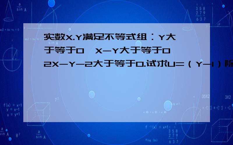 实数X.Y满足不等式组：Y大于等于0,X-Y大于等于0,2X-Y-2大于等于0.试求U=（Y-1）除以（X+1）的取值范围.